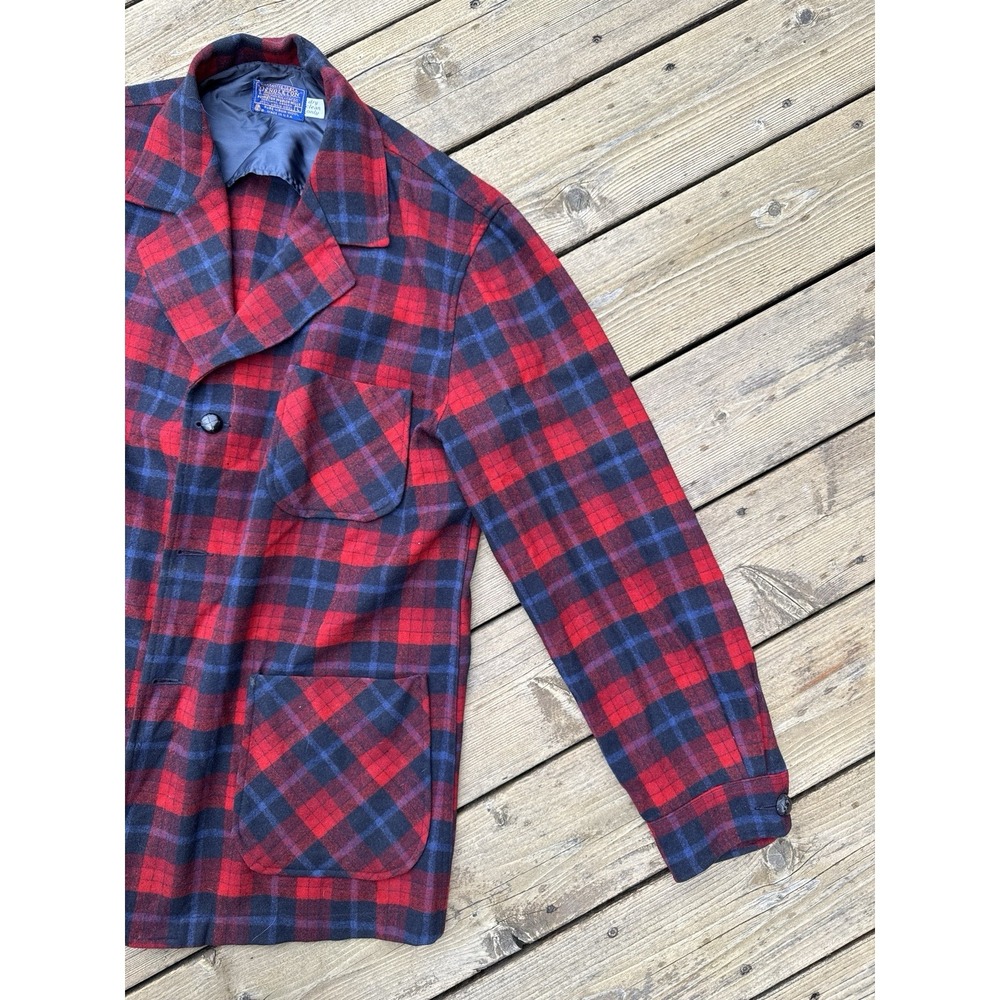 Vintage Pendleton Wool Plaid Jacket Red Black Tartan Large USA 60s 70s - Picture 2 of 11